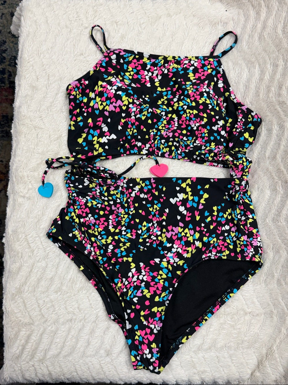 Hobie super cute one piece black with colorful hearts swimsuit 16 nwot